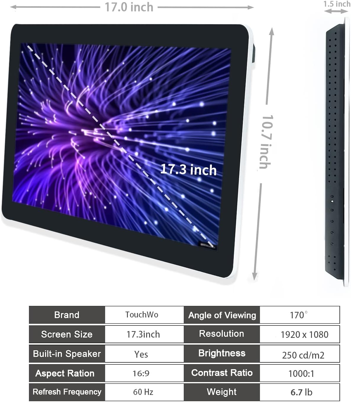 Diagram showing the dimensions of the 17.3-inch monitor and a table of specifications including Brand, Screen Size, Built-in Speaker, Aspect Ratio, Refresh Frequency, Angle of Viewing, Resolution, Brightness, Contrast Ratio, and Weight.