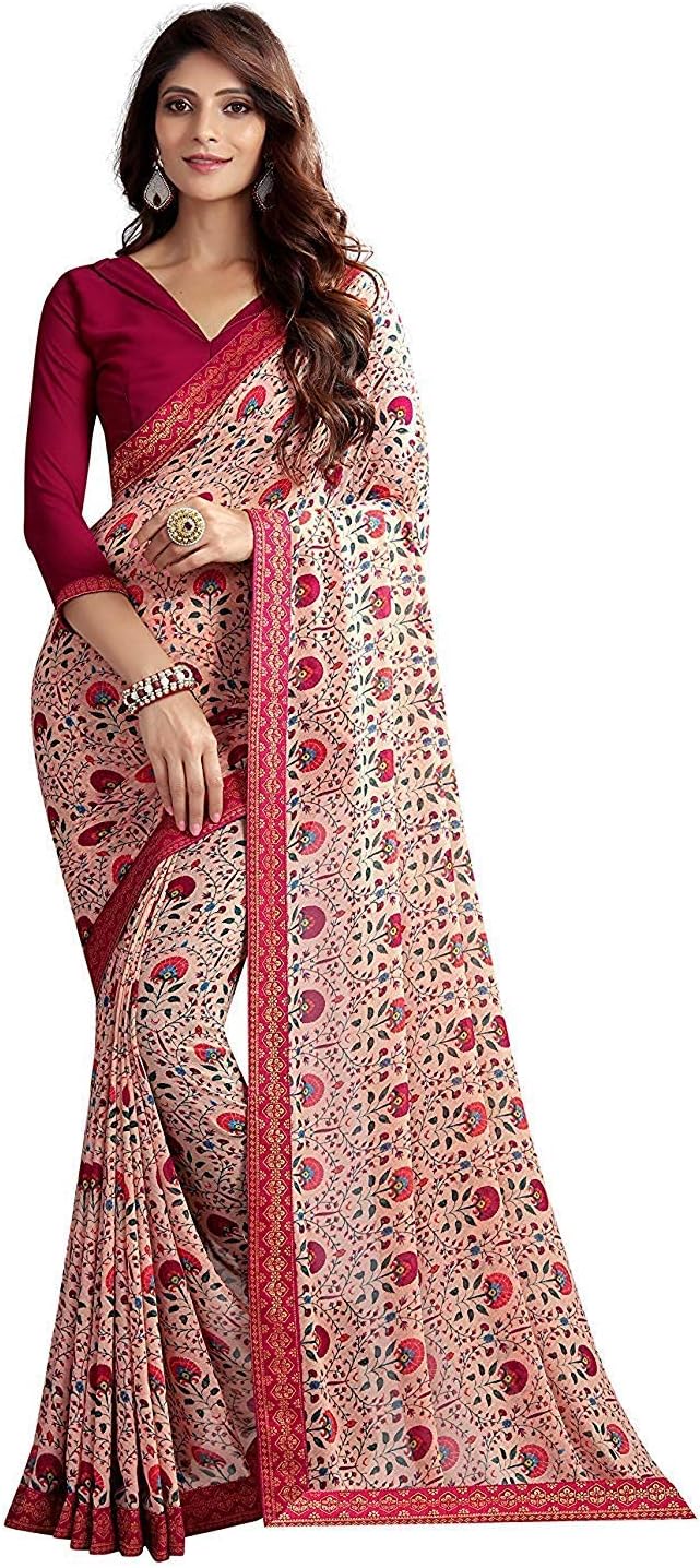 RAJESHWAR FASHION WITH RF Women's Blocked Printed Georgette Fancy Sarees For Festival With Jacquard Lace Border & Unstitched Blouse Piece(NEW,A20 FLOWER_Free Size 6.30 Mtr)