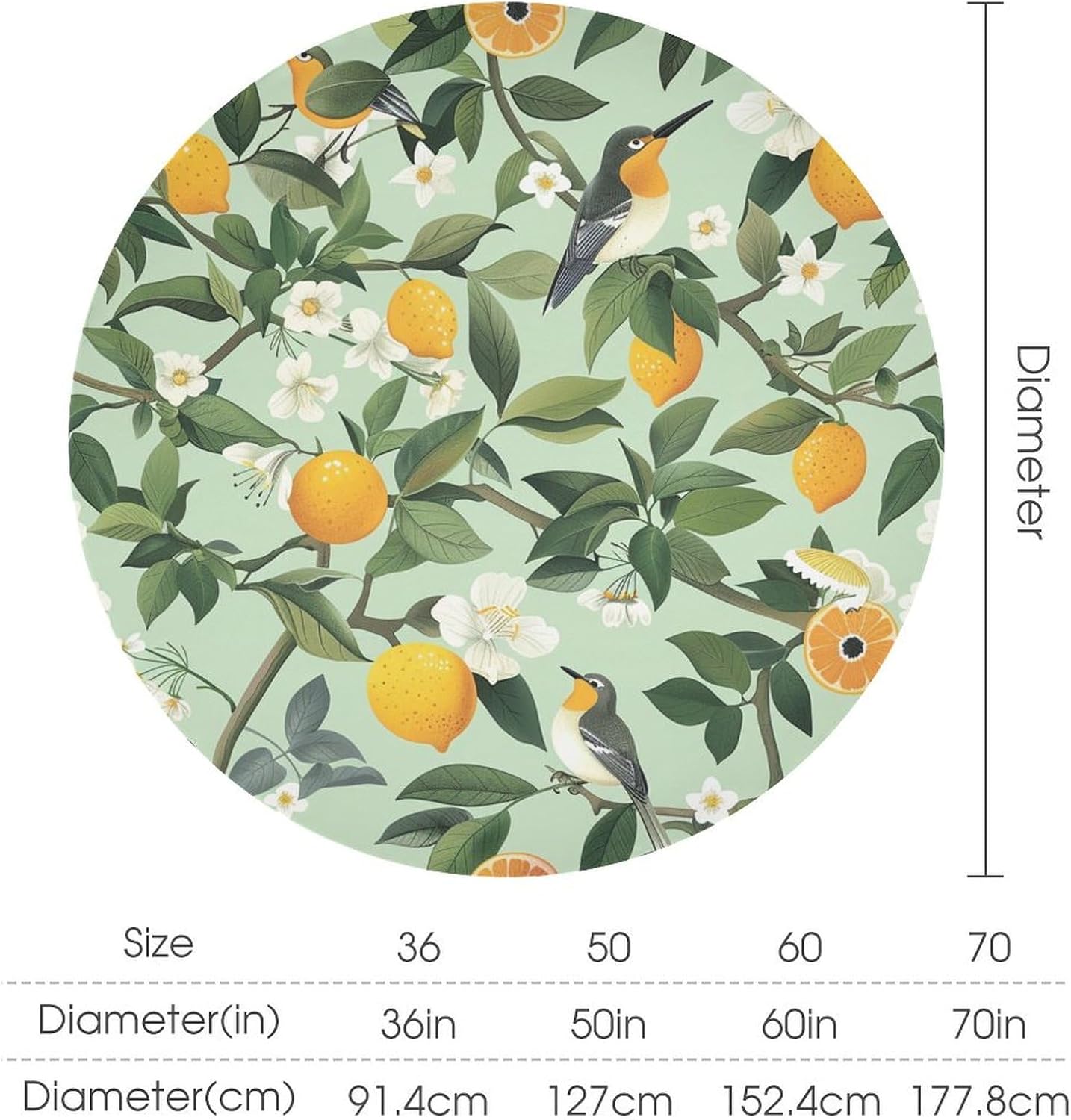 Farmhouse Plants Round Tablecloths, White Floral Lemon Tree Bird Washable Holiday Decor Table Cover for Kitchen, Dining, Party, 60Inch