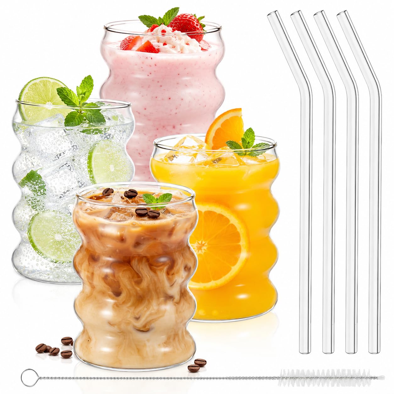 Bubble Glasses Set with Glass Straw Matcha Cup 320ml Iced Coffee Glass Cup