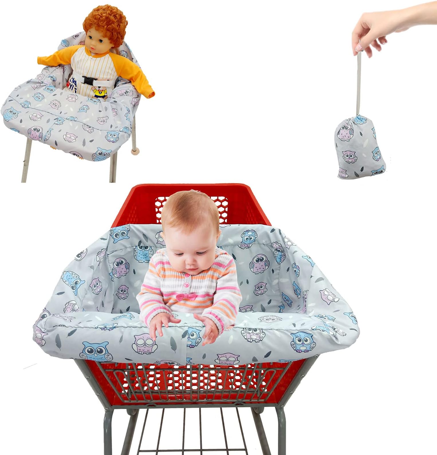 Miss Dong&Mr. Chen Shopping Cart Cover for Baby or Toddler/2-in-1 High Chair Cover/Machine Washable/Fits Restaurant Highchair/Portable with Free Carry Bag (Easy Version, Owl)