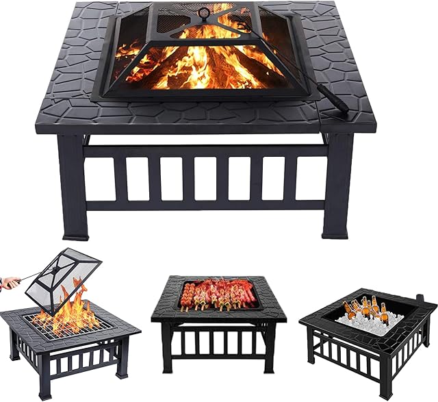 3 in 1 Square Fire Pit with Poker, Outdoor Fire Pits BBQ Square Metal Firepit Table Backyard Patio Bonfire Garden, 81x81x36.5cm (LxWxH)