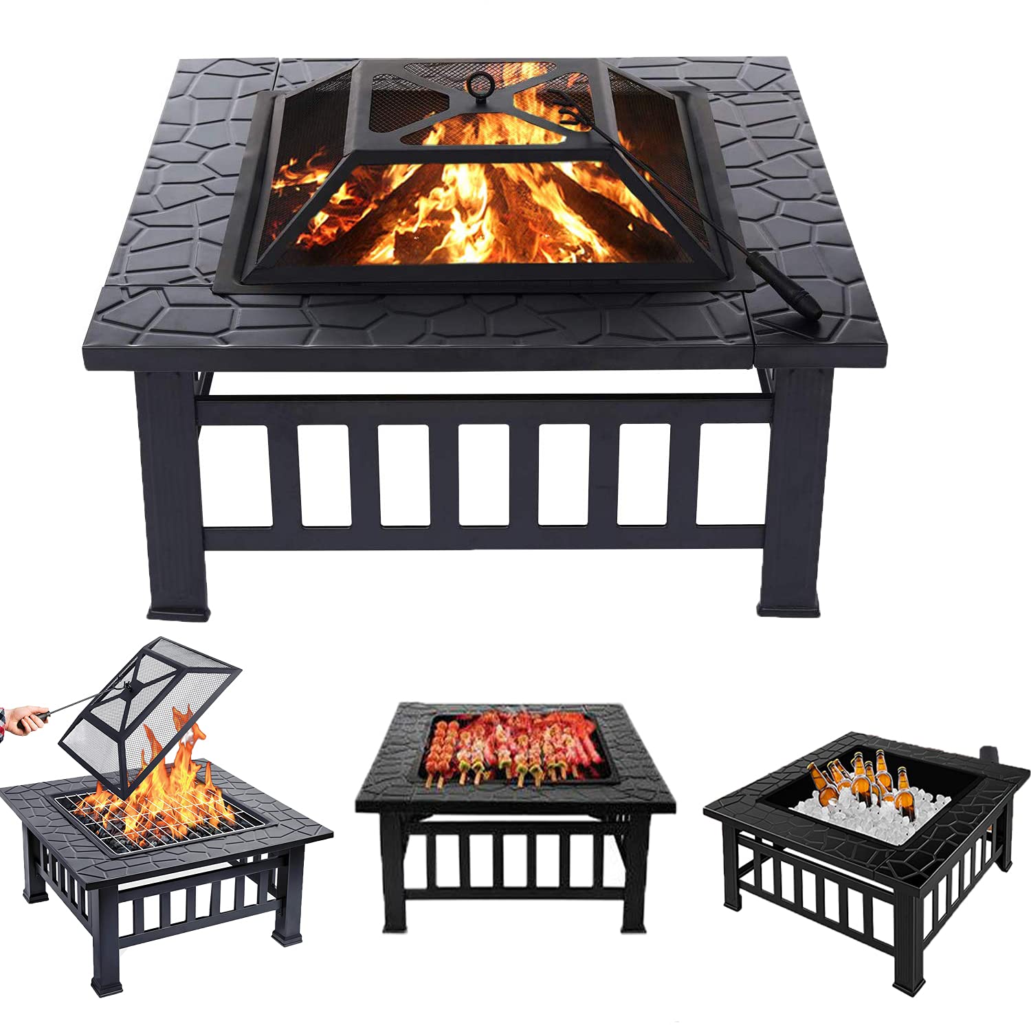 3 in 1 Square Fire Pit with Poker, Outdoor Fire Pits BBQ Square Metal Firepit Table Backyard Patio Bonfire Garden, 81x81x36.5cm (LxWxH)