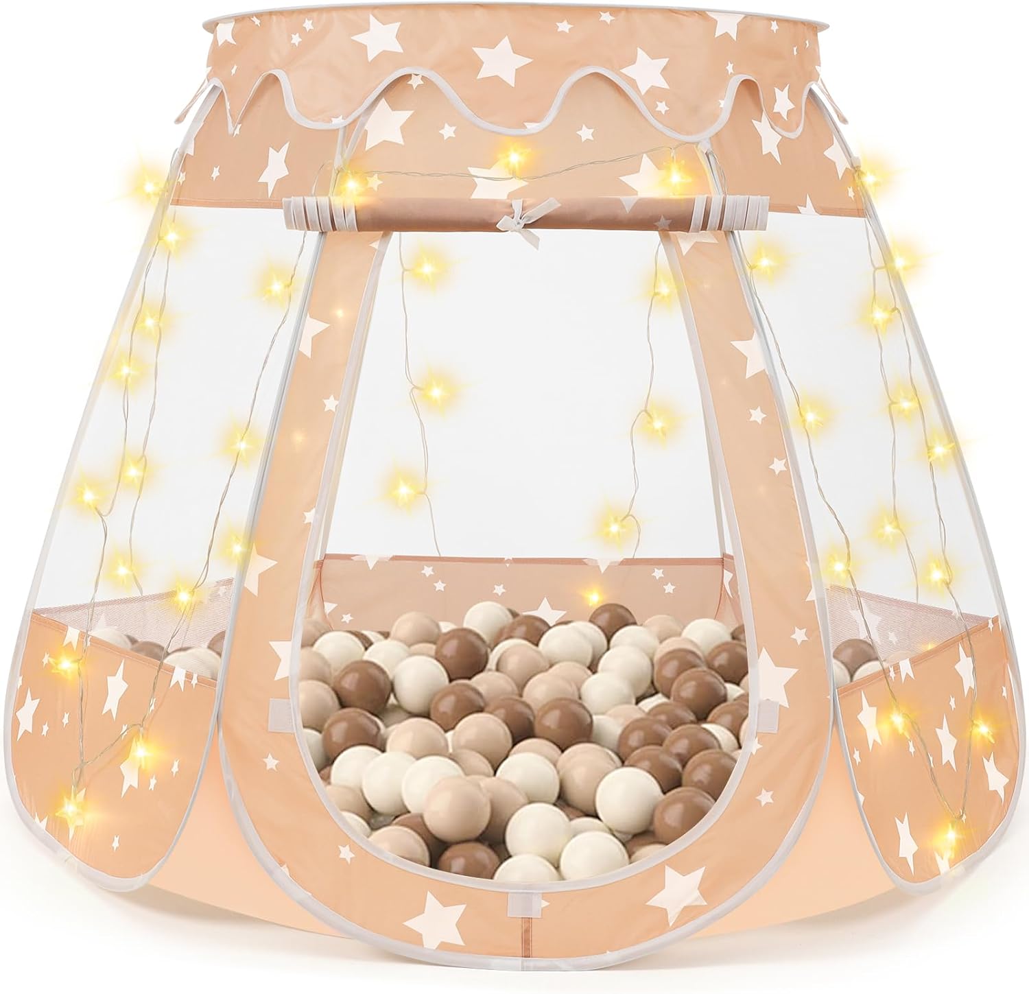 Pop Up Princess Tent with Star Light, Toys for 1 2 3 Year Old Girl Birthday Gift, Ball Pit for 12-18 Months Baby Girl Gifts Toddler Toys, Easy to Pop Up and Assemble(Brown)