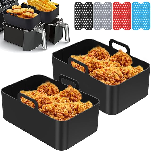 Jetcloud 2Pcs Silicone Pot 4 Air Fryer Mats Ninjas Dual Air Fryer ,Reusable Non Stick Air Fryer Liner Heat Resistant Air Fryer Basket Rectangle Baking Pan Accessories Oven Microwave(black)