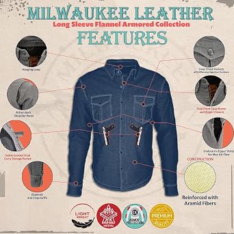 Milwaukee Leather Men's Long Sleeve Solid Biker Shirts w/CE Armor - Reinforced w/Aramid Fibers