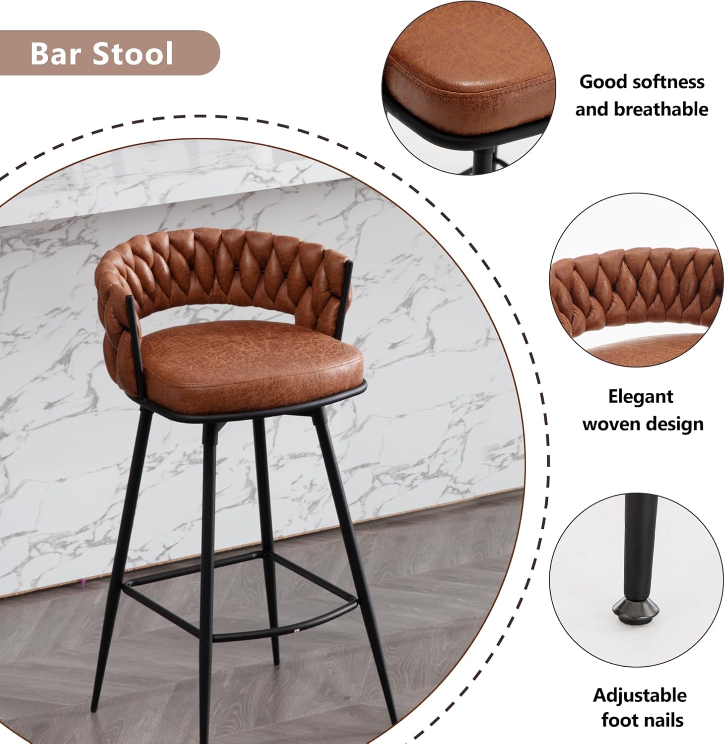 BFZ 30inch Bar Stools Set of 2, Bar Height Bar Stools, 180° Swivel Suede Fabric Stool Chairs with Woven Back and Footrest for Kitchen Island, Cafe, Pub, Bar Counter