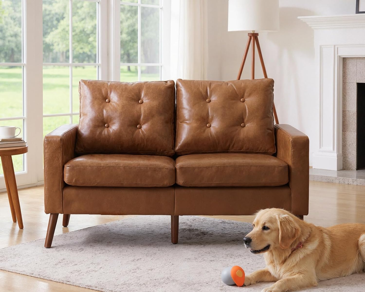 Wahson 53" Wide Loveseat with Armrest, Upholstered 2-Seater Tufted PU Leather Double Sofa, Mini Sofa with Wooden Legs, Mid Century Modern Couch for Bedroom/Living Room, Brown
