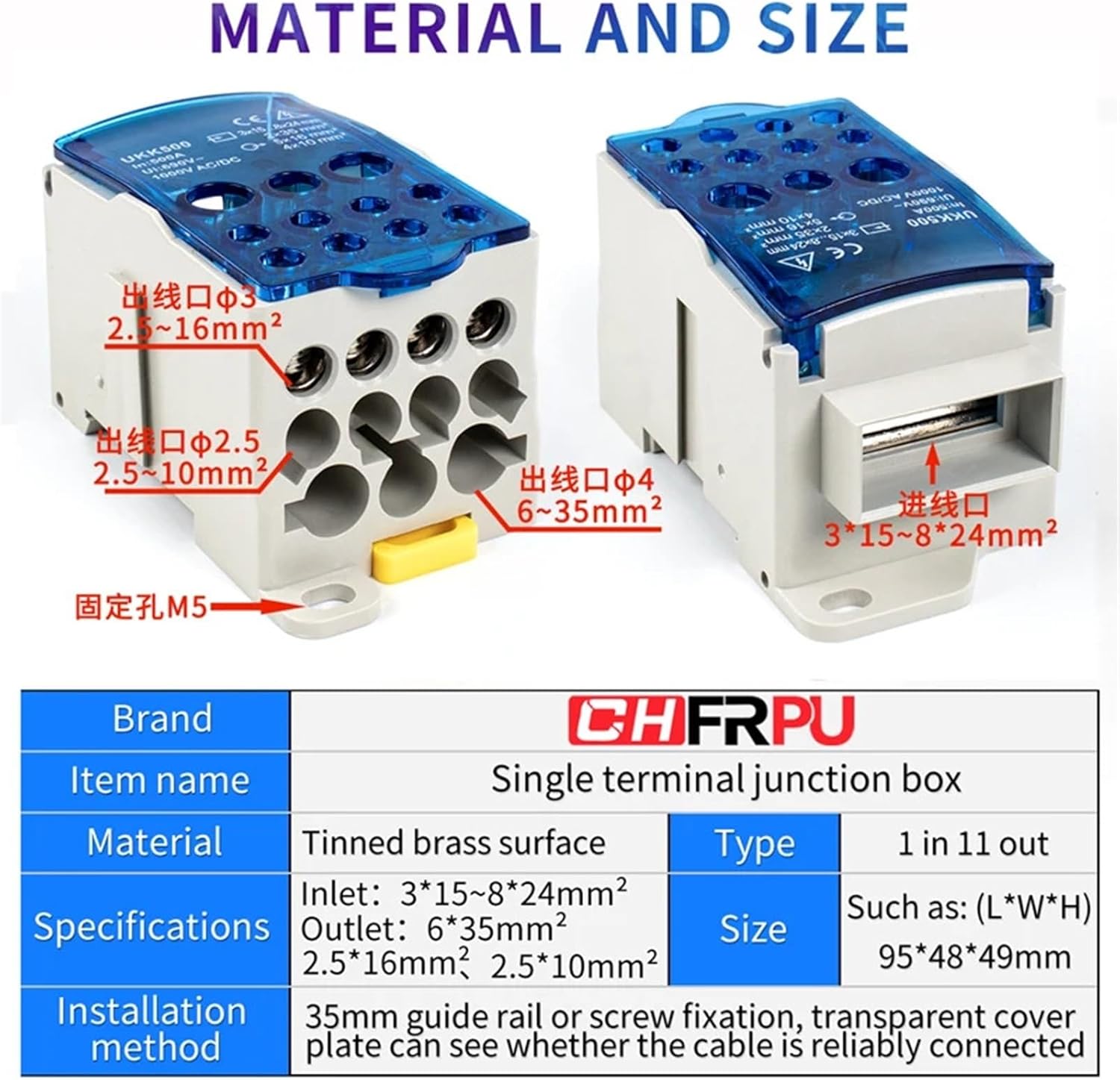 UKK 500A One in Multiple-Out Distribution Box Din Rail Terminal Blocks Universal Wire Connector Junction Box Waterproof(50R)