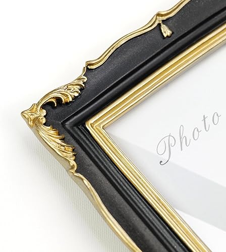 Miniatura 2 de Cuspin Marco de fotos vintage de 5 x 7 pulgadas, marco negro y dorado, marcos de fotos de resina con textura ornamentada hecha a mano con parte