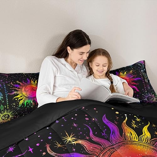 Miniatura 6 de Erosebridal Juego de ropa de cama bohemio con sol y luna, juego de edredón bohemio hippie de 3 piezas, colorido teñido anudado, juego de edredón