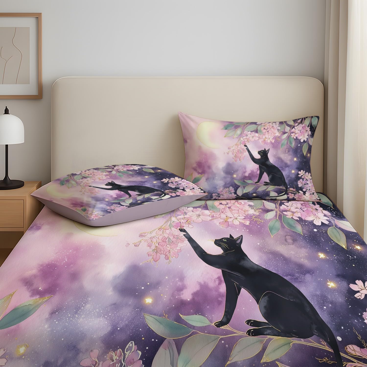 Juego de sábanas bajeras de microfibra transpirable con diseño de gato negro y flor de cerezo y luna, 30 cm de profundidad, para decoración de habitación de niños y adolescentes, 180 x 200 cm