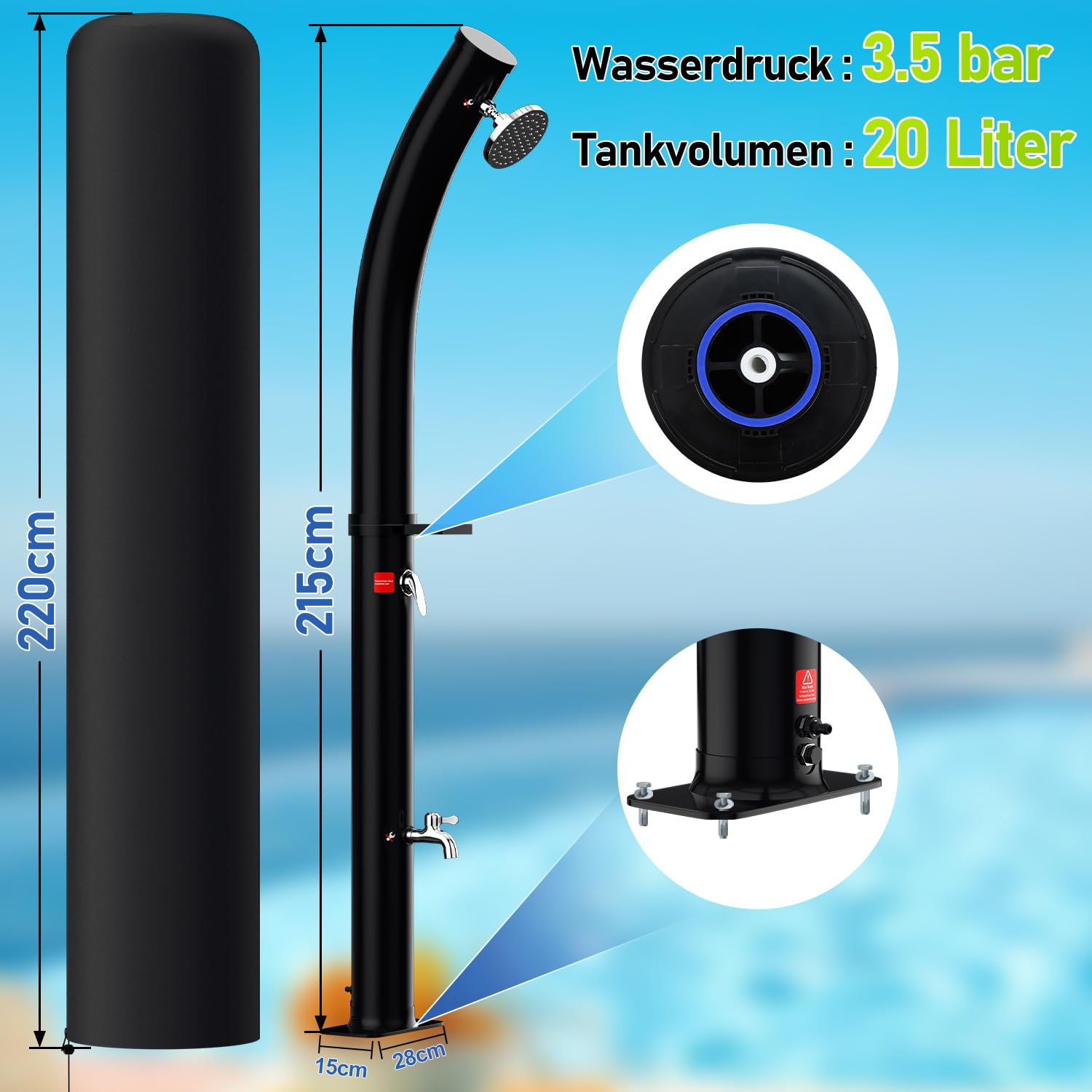 20 Liter Solardusche Bogen mit Schutzabdeckung und Duschablage,Gartendusche mit 180° Verstellbarer Regendusche für Garten, Pool und Camping - Heizt bis zu 60°C