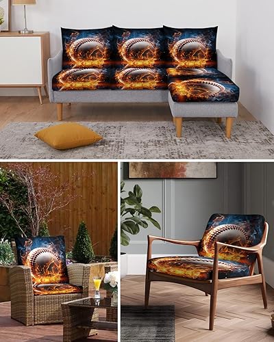 Miniatura 6 de Fundas de cojín para sofá de béisbol lavables, temática deportiva, degradado, naranja, azul, negro, extraíble, elásticas, fundas para sofá