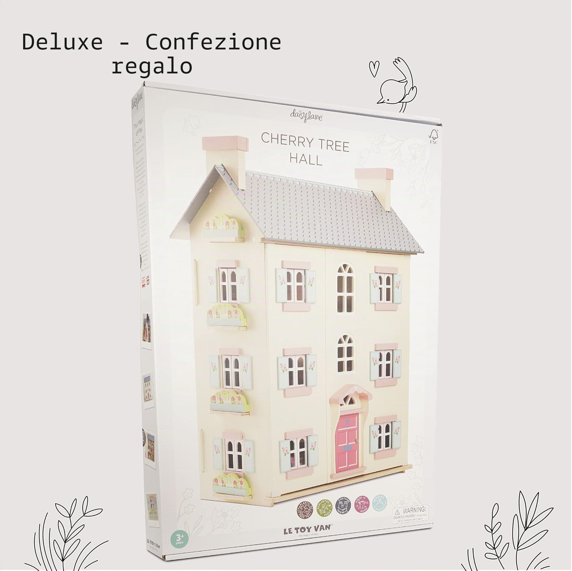 Le Toy Van Casa delle bambole Cherry Tree Hall in legno certificato FSC, 3 anni, per bambina, 3 piani, l 64 x p 41 x h 92 cm, con scala interna, finestre e porte apribili, Montessori