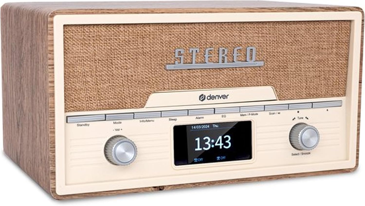Denver DAB Radio odtwarzacz CD - Retro Radio - Bluetooth - 20 stacji radiowych - DAB/FM/AUX - MDA525 - Lightwood