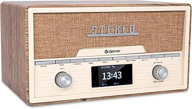 DENVER MDA-525LW Retro Radio HiFi System - DAB+ & FM Radio - CD Player - Bluetooth - USB Port - AUX Input - Alarm Clock Function - Compact Stereo System in Light Wood Design