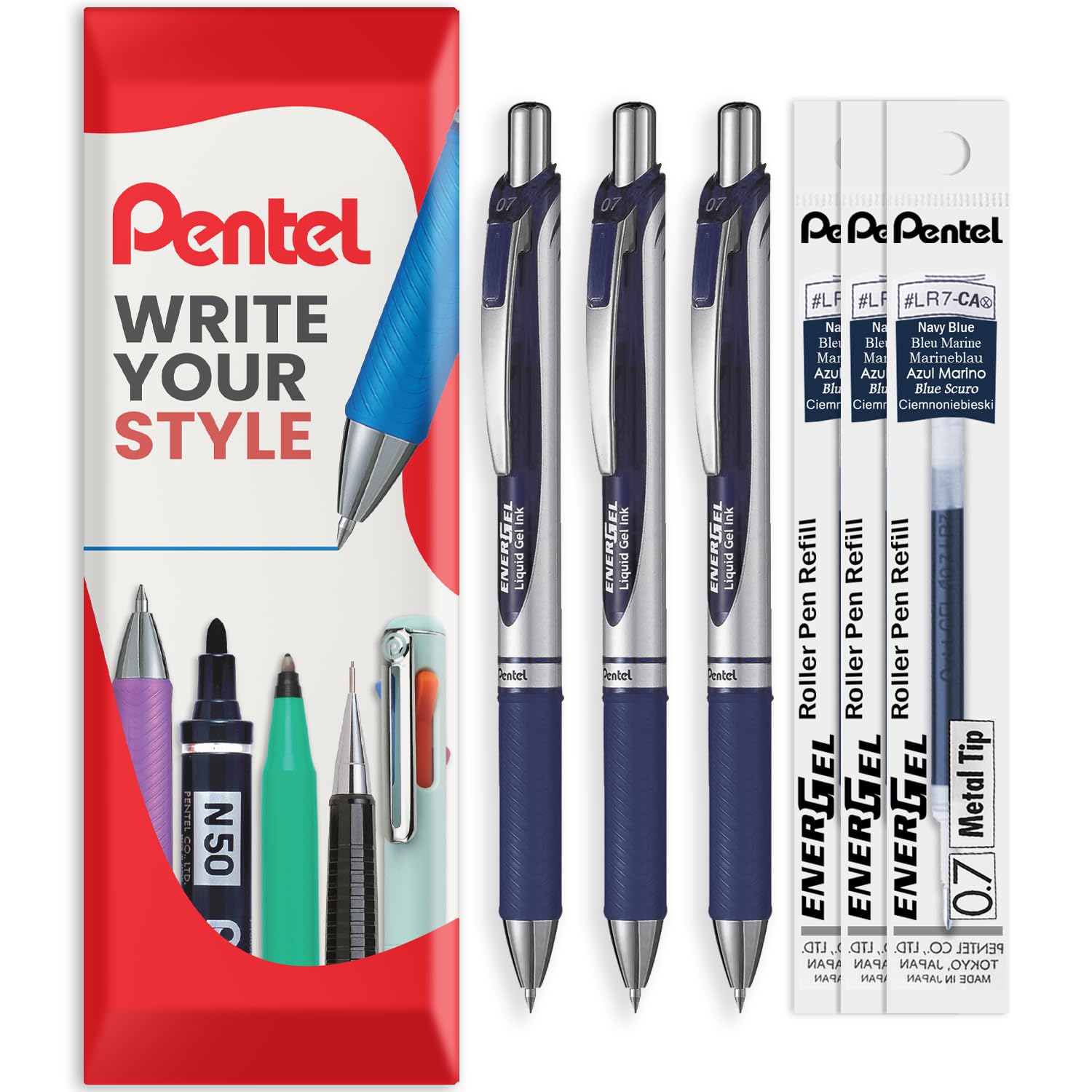 Pentel EnerGel XM BL77 - Retractable Liquid Gel Ink Pen - 0.7mm - 54% Recycled - In Envelope Gift Packaging - Pack of 3 Pens + 3 Refills (Navy Blue)