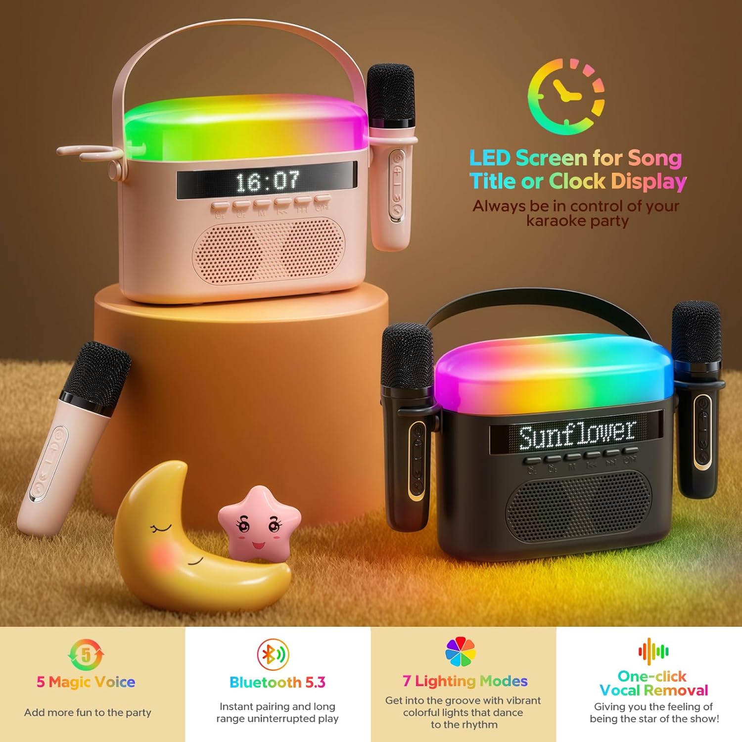 Karaoke Machine for Kids & Adults with 2 Wireless Mics 2400mAh Portable Bluetooth Karaoke Speaker with Timer White Noise & Night Light High Power Dual Speaker LED Display Home & Outdoor Party - Pink - Image 5