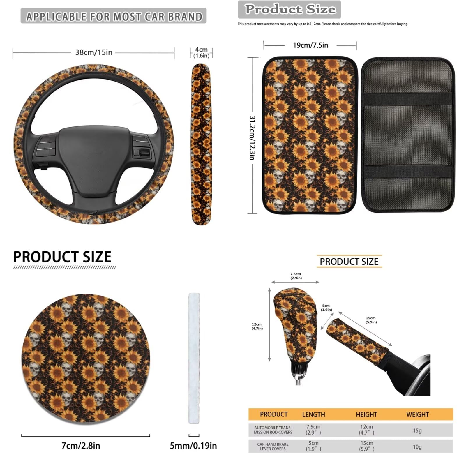 Set di 16 coprisedili anteriori e posteriori per auto, per donne e uomini, con stampa di girasole e teschio con coprivolante, braccioli coordinati, copertura per cintura di sicurezza,