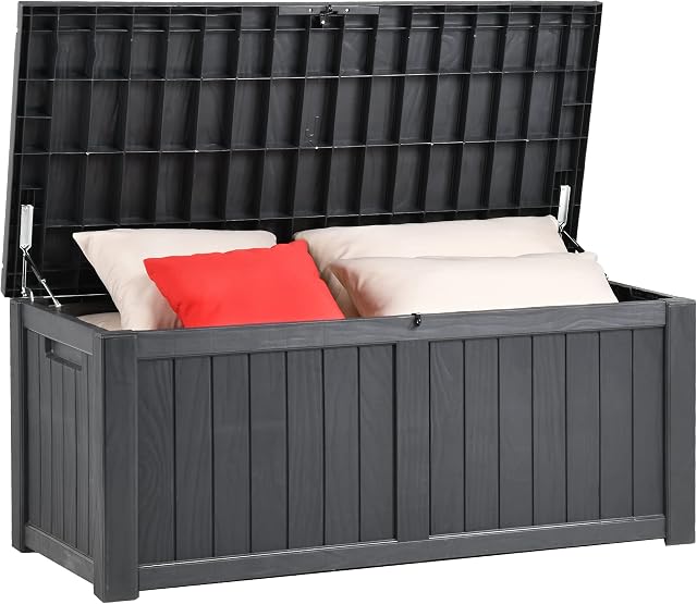 YITAHOME Garden Storage Box Waterproof, Heavy Duty 460L Large Resin Deck Boxes, Weather Resistant Durable Garden Storage Box, Outdoor Cushions, Lockable, Outdoor Storage Containers, Dark Grey