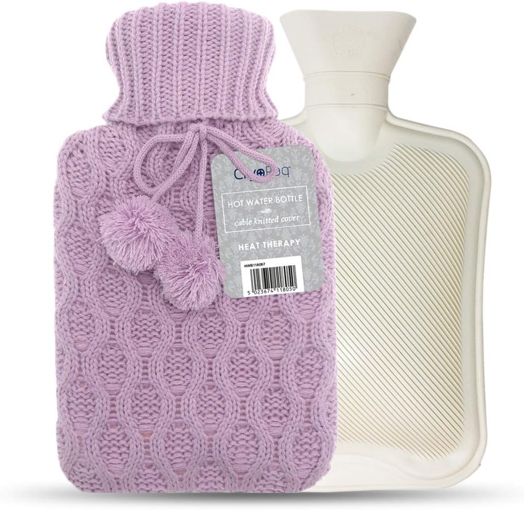 Hot Water Bottle with Knitted Cover - Cable Knit Pom Pom - 2L Cooling Cold Hot Water Bottle - Purple