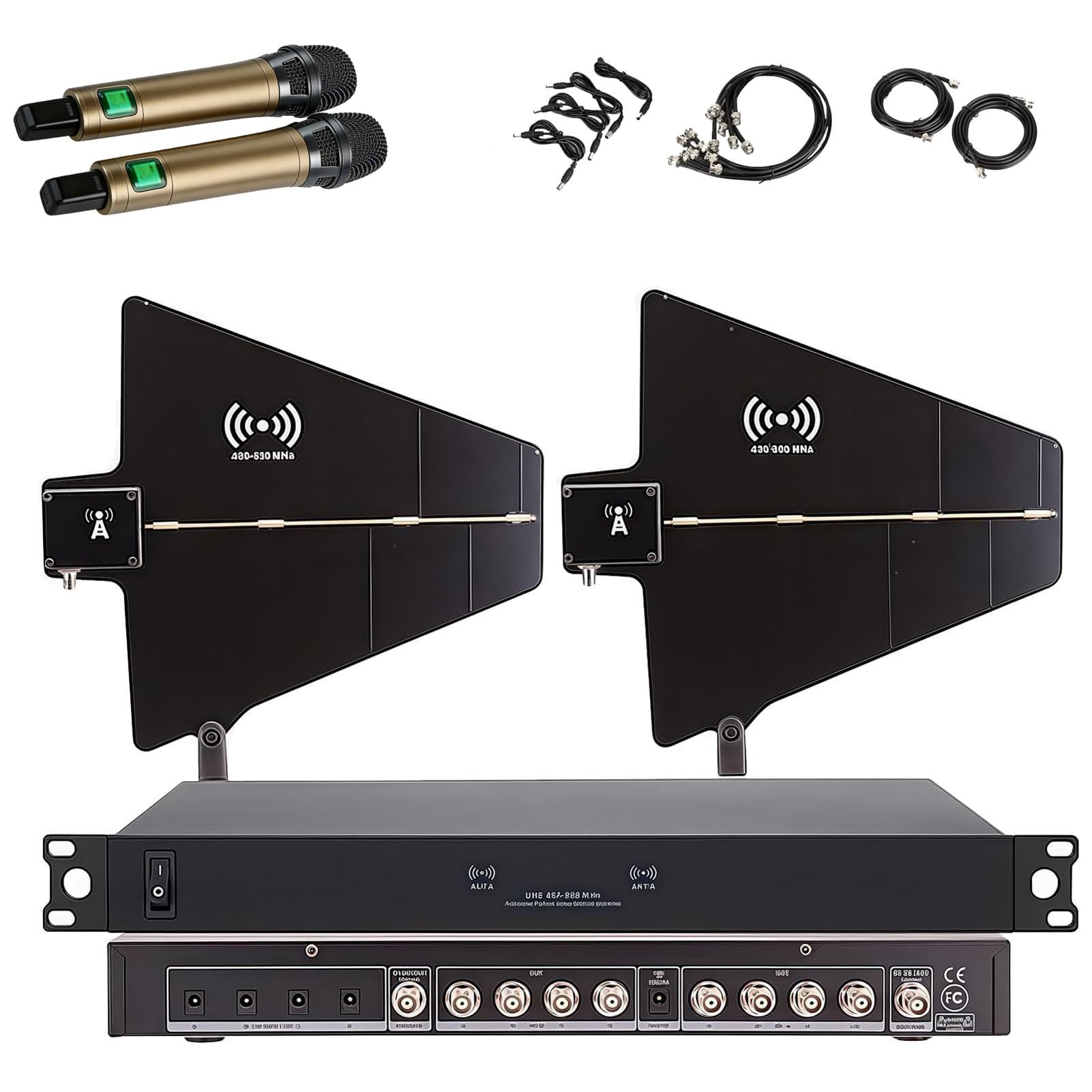 Bezprzewodowy wzmacniacz sygnału mikrofonu z systemem dystrybucji zasilania anteny UHF, 2 aktywne wiosła anteny kierunkowej, 8 portów, zakres częstotliwości 400-950 MHz do użytku scenicznego