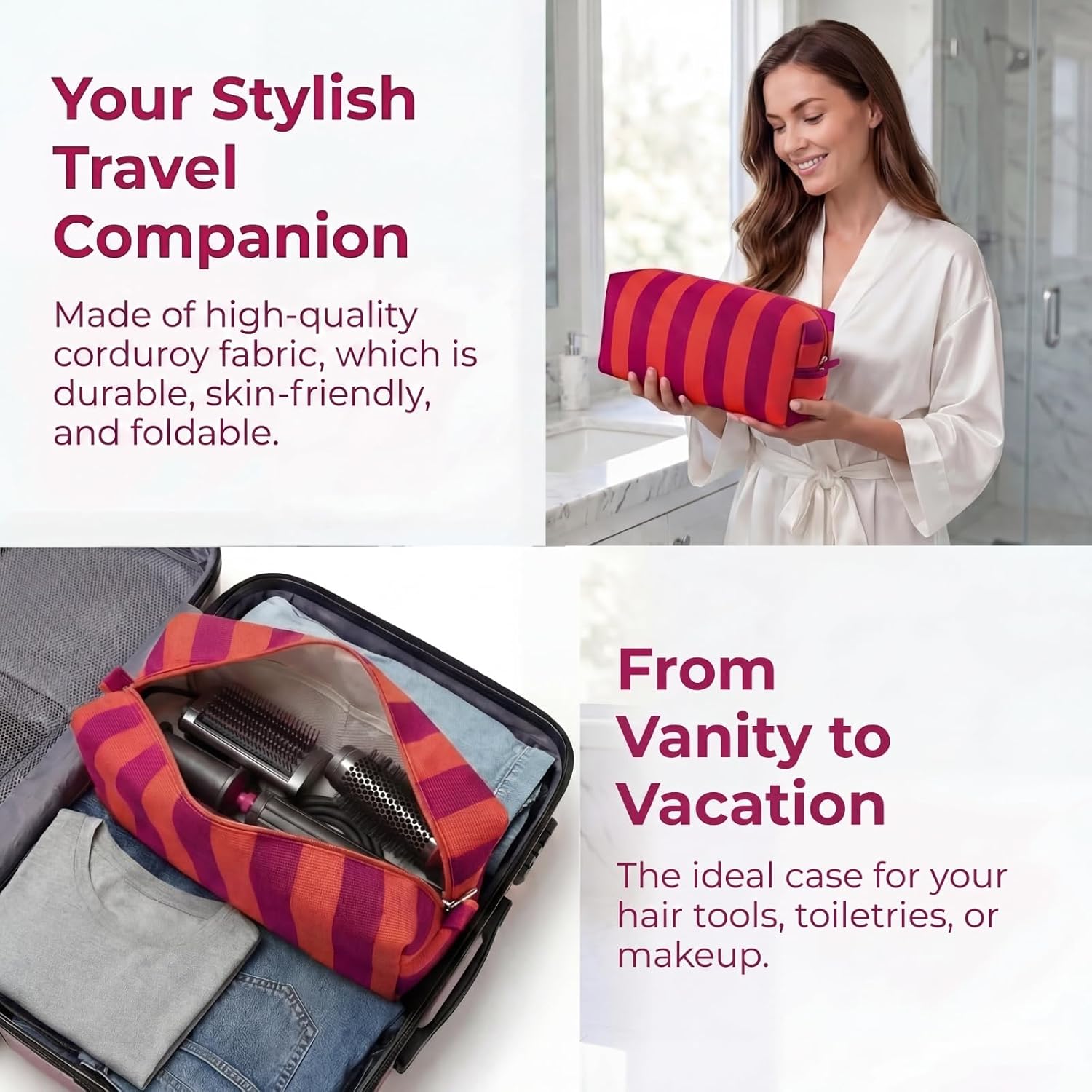 RSRSLEII Striped Hair Tools Travel Bag，Corduroy Hair Dryer Bag, Flat Iron Curling Iron Bag, Aesthetic Foldable Travel Organizer (02Red&Orange)
