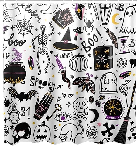 Miniatura 5 de Juego de 4 cortinas de ducha de Halloween con alfombra de baño, tapete en forma de U, cubierta de tapa de inodoro y 12 ganchos, accesorios de