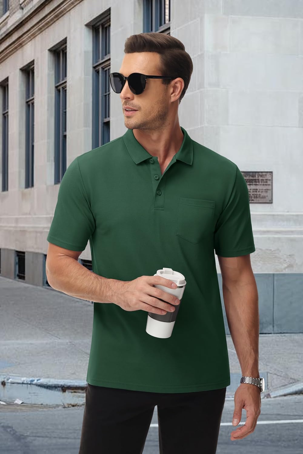 MAGCOMSEN Mens Polo Shirts with Pocket Cotton Pique Short Sleeve Collared Shirt Moisture Wicking Golf Shirts 3-Button Shirts