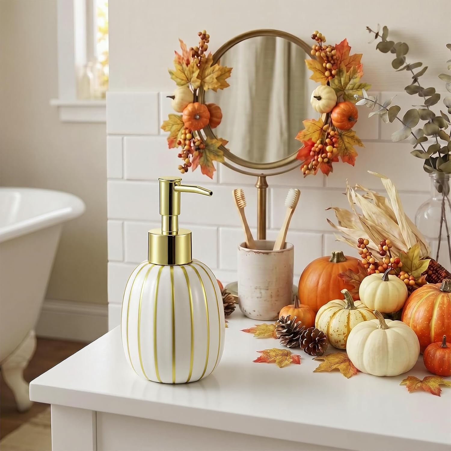 SiliFine Pumpkin Soap Dispenser Ceramic White and Gold Fall Pump Bottle