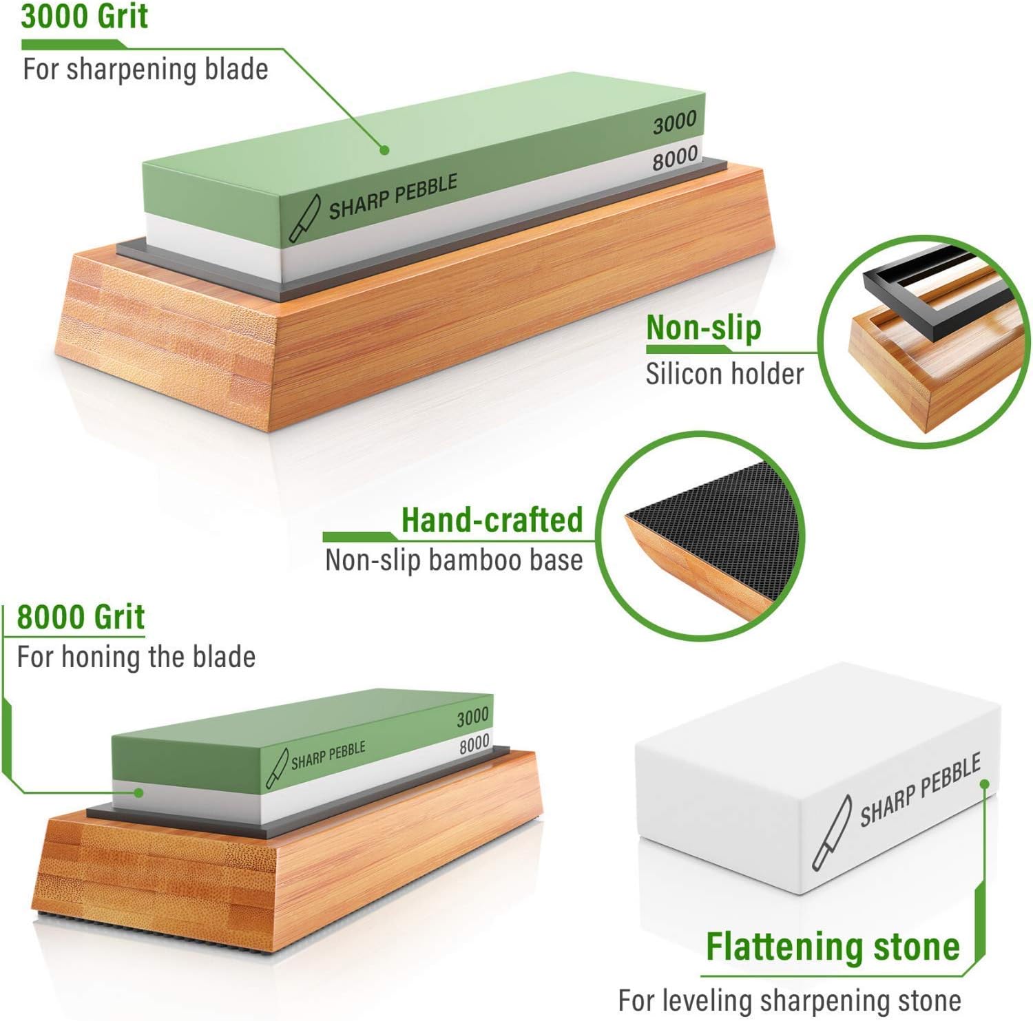 Sharp Pebble Two Side 3000/8000 Grit Knife Sharpening Stone and Large Dual Grit Flattening Stone with NonSlip Bamboo Base