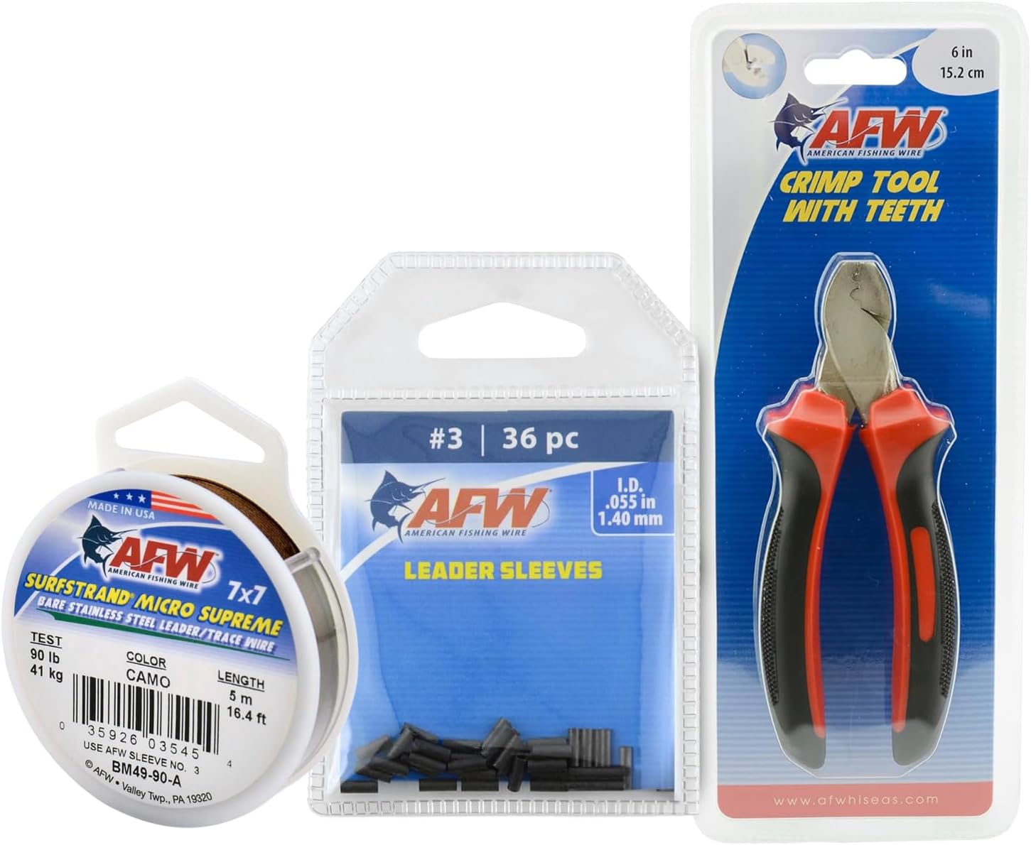 Surfstrand Micro Supreme, Bare 7x7 Stainless Steel Leader Wire, 90 lb Test, 0.027" Diameter, Camo, 5m and Single Barrel Crimp Sleeves, Size #3/.055", Black, 36 pc and Crimper Tool with Teeth