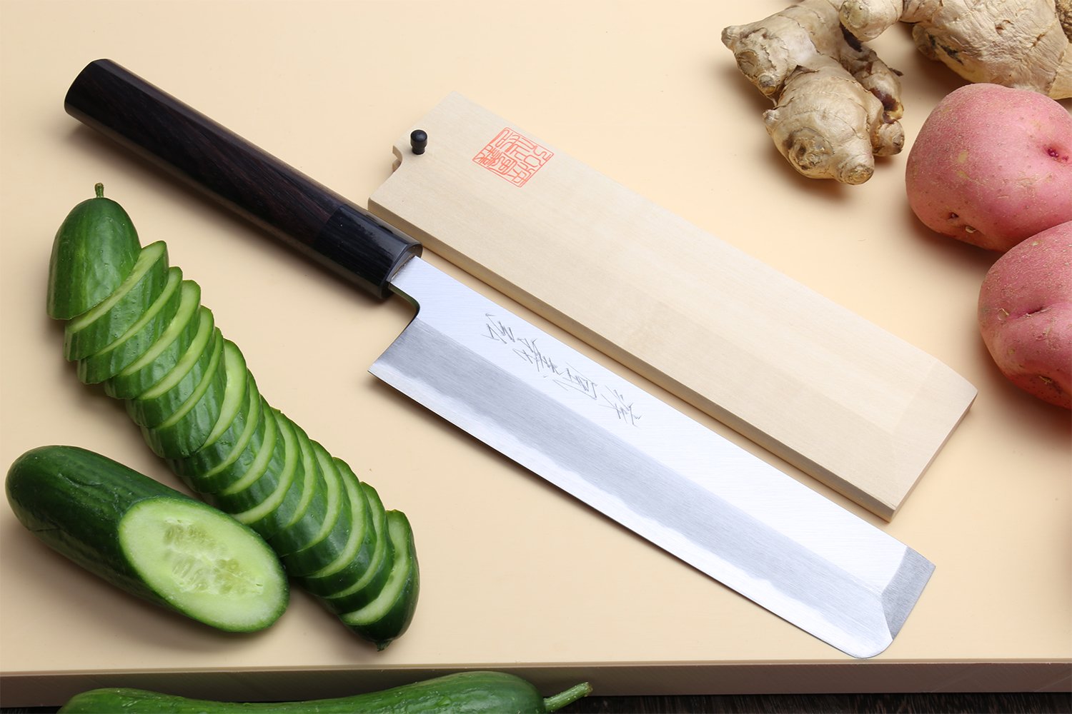 Yoshihiro Shiroko High Carbon Steel Kasumi Edo Usuba Vegetable Japanese Chef's Knife (7'' (180mm), Rosewood Handle)