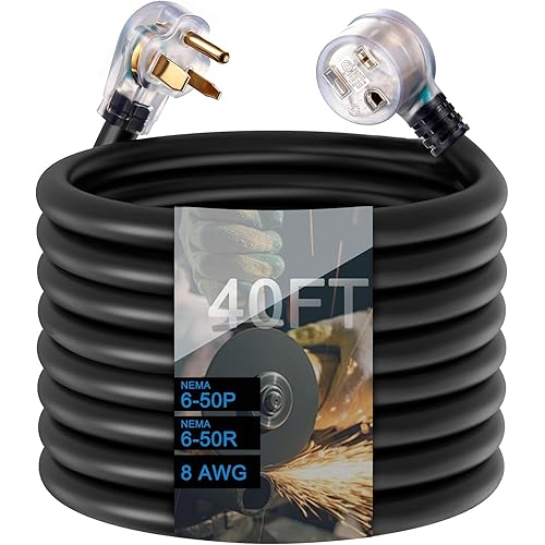 250 Volt Welder Extension Cord 40 Feet, NEMA 6-50 STW 8AWG/3C Heavy Duty Industrial Welder Cord with Lighted End, for Hobart, Lincoln, Miller Welder & EV Charger, ETL Listed