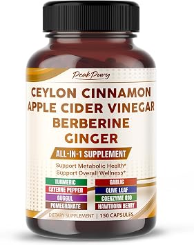 Ultra All-in-1 Ceylon Cinnamon, Apple Cider Vinegar, Berberine & Ginger Supports Metabolic Balance & Heart Wellness 150 Capsules