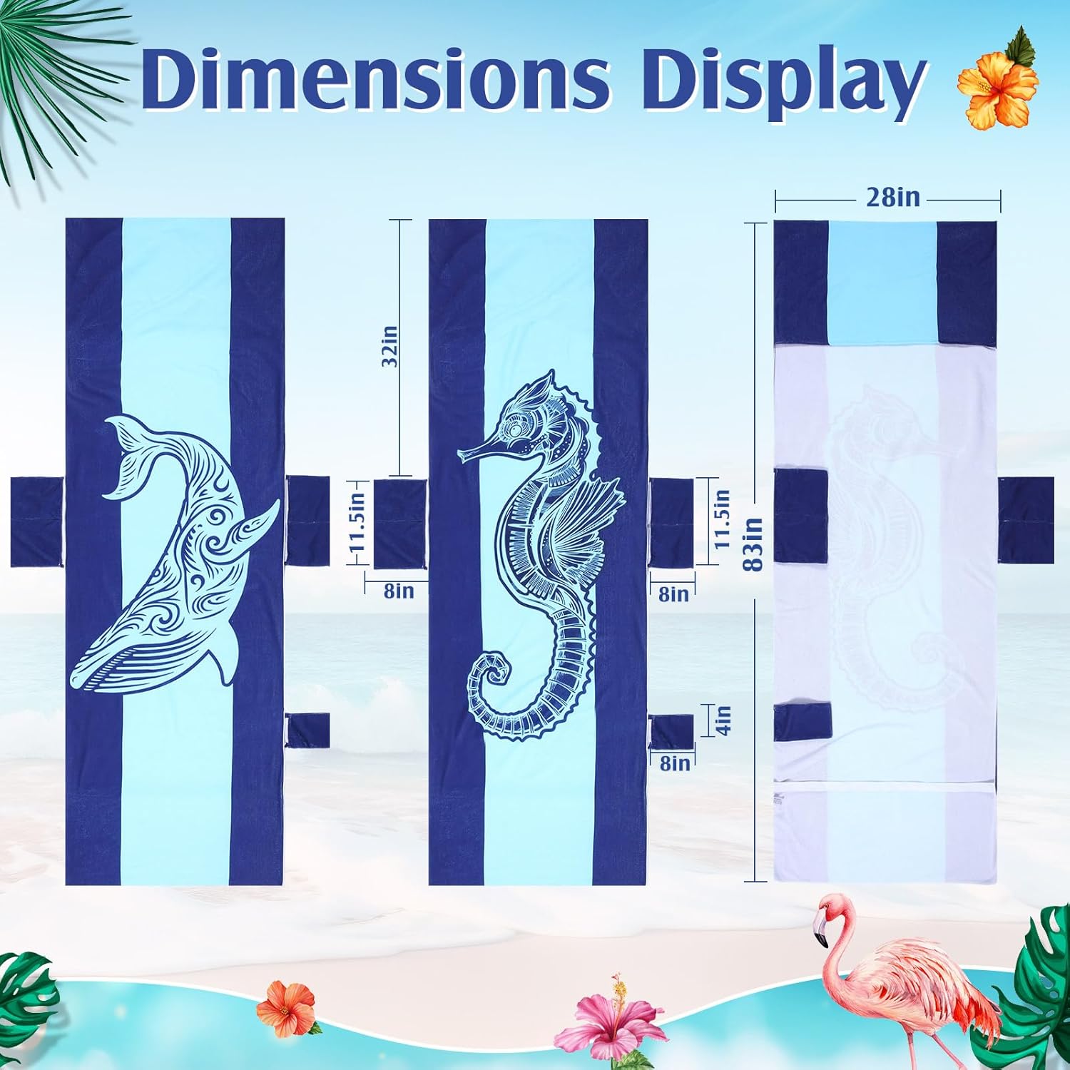 2 Pcs Pool Lounge Chair Towel Cover with 3 Pockets, 85 x 30 Inch Beach Pool Chair Towels Microfiber Chaise Lounge Covers for Outdoor Summer Sunbathing Beach Garden Lounger(Haima Whale)
