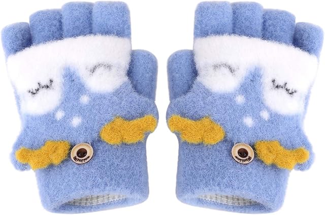 Kids Toddlers Fox Design Winter Gloves with Fingers Cover - Convertible Flip Top Knitted Magic Gloves Stretchable Half Finger Wrist Mittens Warm for 3-6 Years Boys Girls Christma
