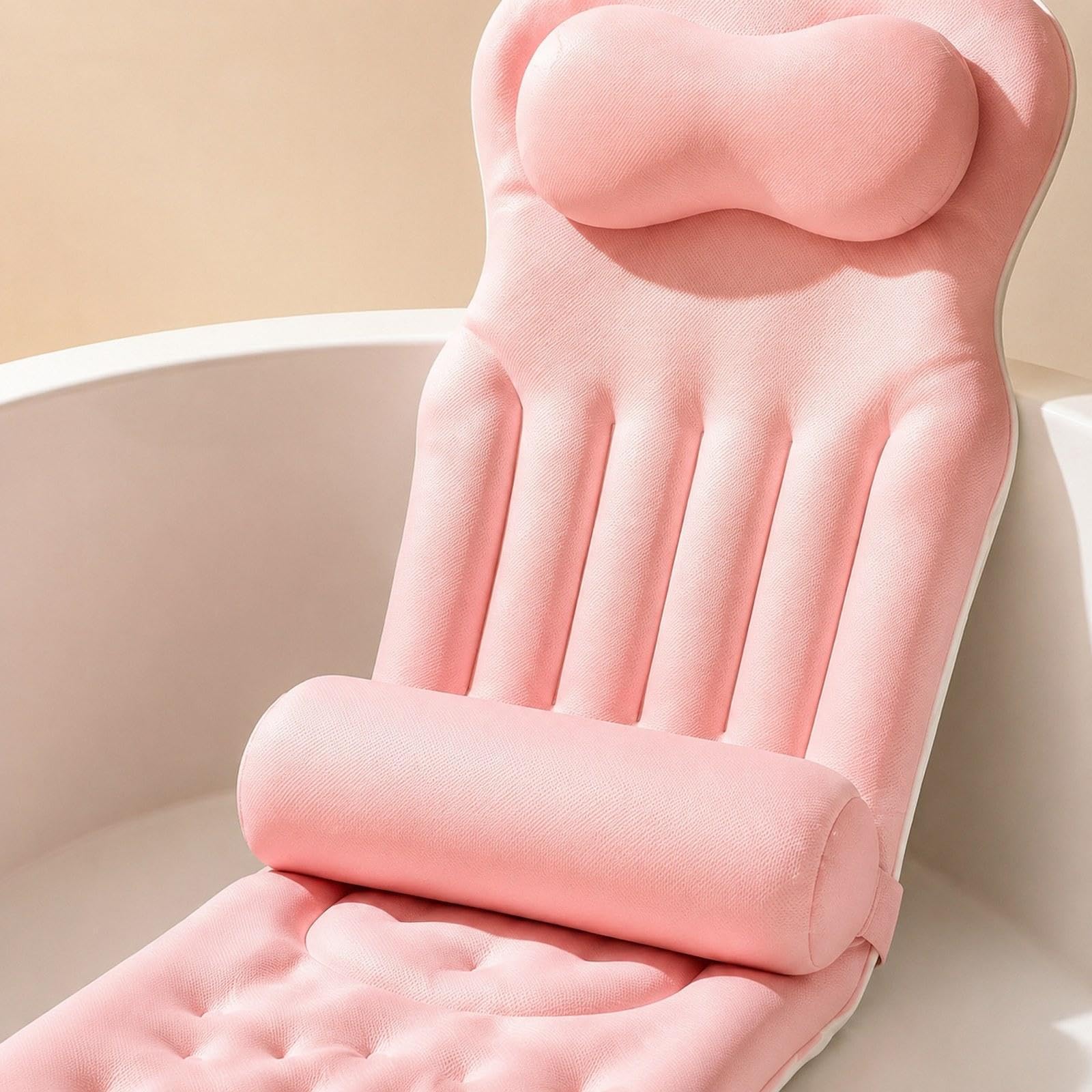Almohada Baño Cuerpo Completo Almohadilla Bañera Cojín SPA con Ventosas Material Mesh Diseño Ergonómico Suave Antideslizante Adecuada para Ad, Rosa, Individual