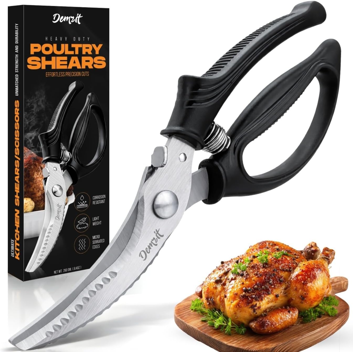 Poultry Shears, Kitchen Shears Heavy Duty for Food With Anti-Slip Handle & Safety Lock, Meat Scissors, Chicken, Lobster, Quail, Fish, Food Cutting Scissors, Bone Cutter - Spring Loaded