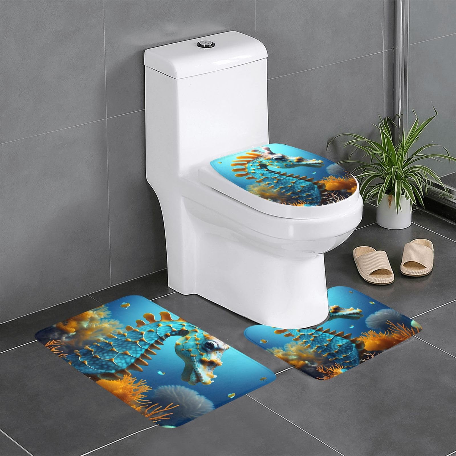 Tapis de salle de bain bleu sécurisé : ensemble 3 pièces motif hippocampe