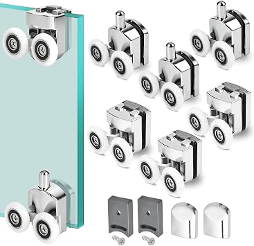 8 Pcs 23mm Shower Door Wheels Curved Shower Door Rollers Replacement Bathroom Runners Screen Rollers for Enclosures, Fits 4-6mm Glass with Anti-Collision Block 4 Top and 4 Bottom Wheels