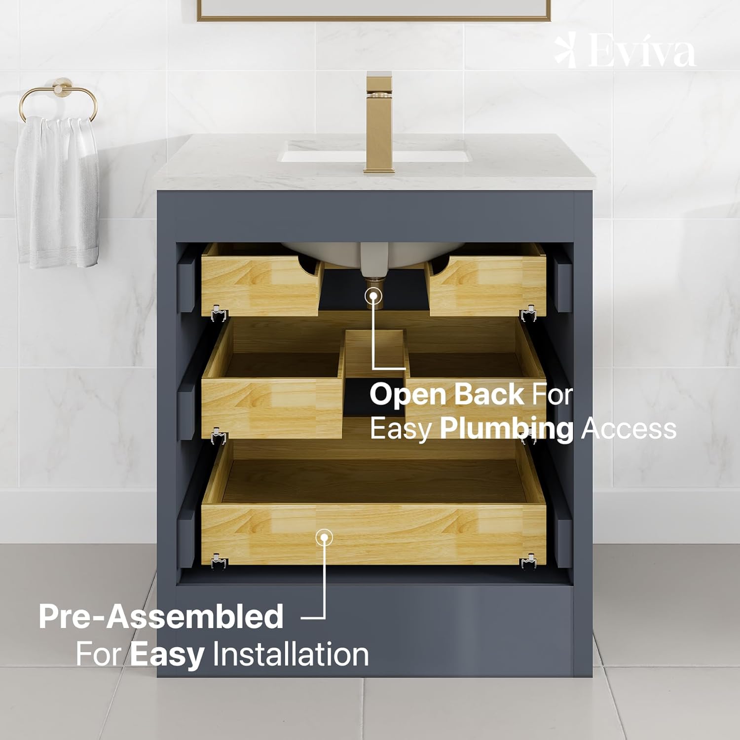 Eviva Curio 30 in. Dark Blue Single Sink Bath Vanity with Carrara Quartz Top and Undermount Porcelain Sink