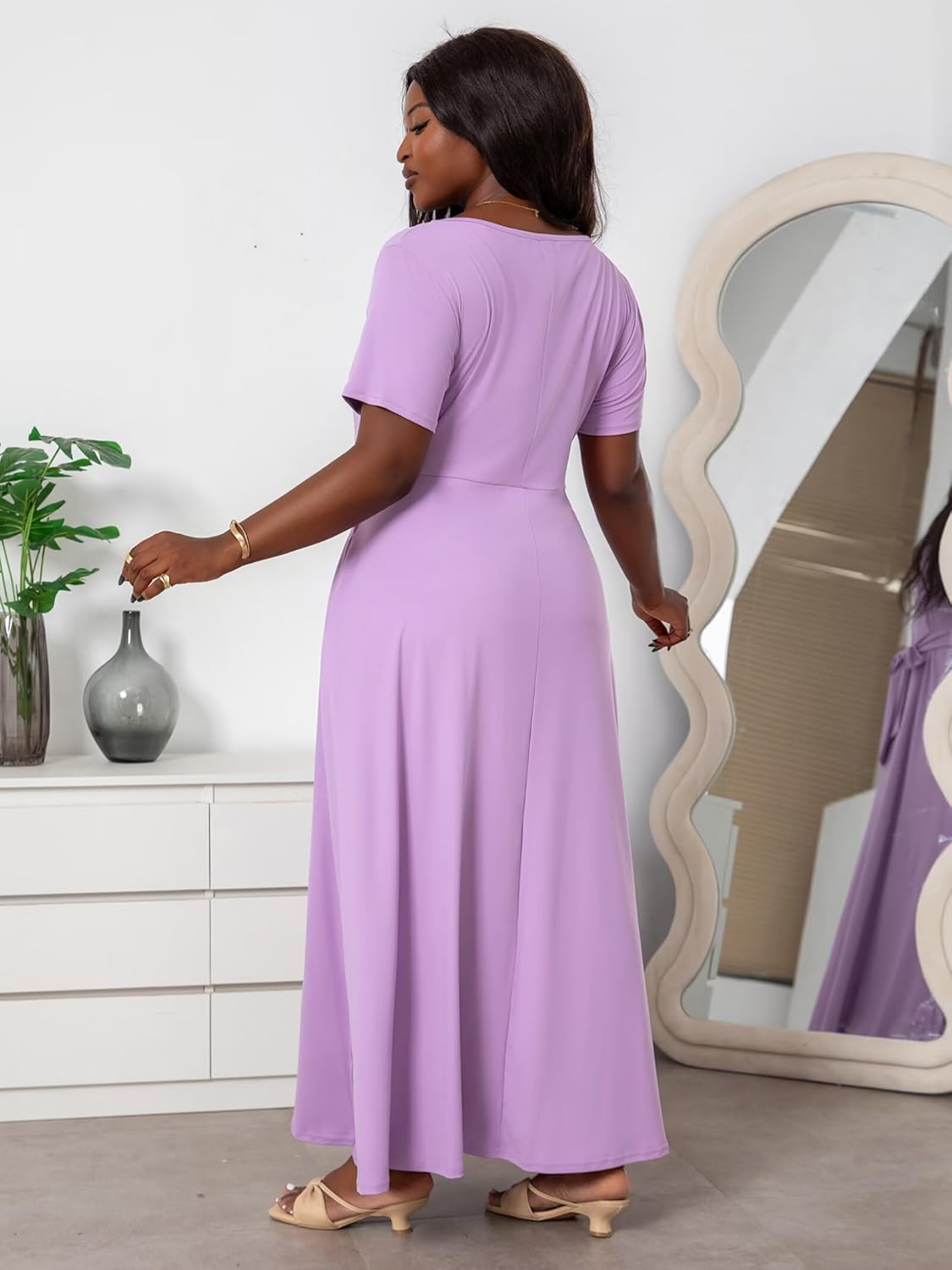 Plus Size Dresses for Curvy Women Soft Comfy Stretchy Short Sleeve High Waist Self Tie Flowy Pleated Maxi Dress - Image 3