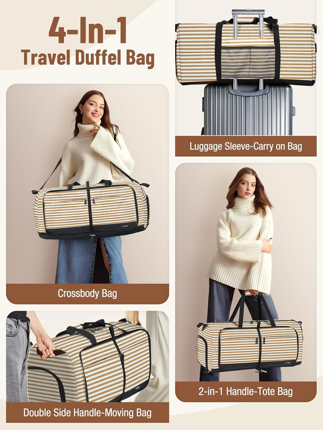 Lekesky Foldable Travel Duffle Bag for Women, Large Duffel Bag with Separate Shoes Compartments & Straps, Carry On Weekend Bag for Women, Hospital, Overnight (Stripe & Beige, 80L) - Image 5