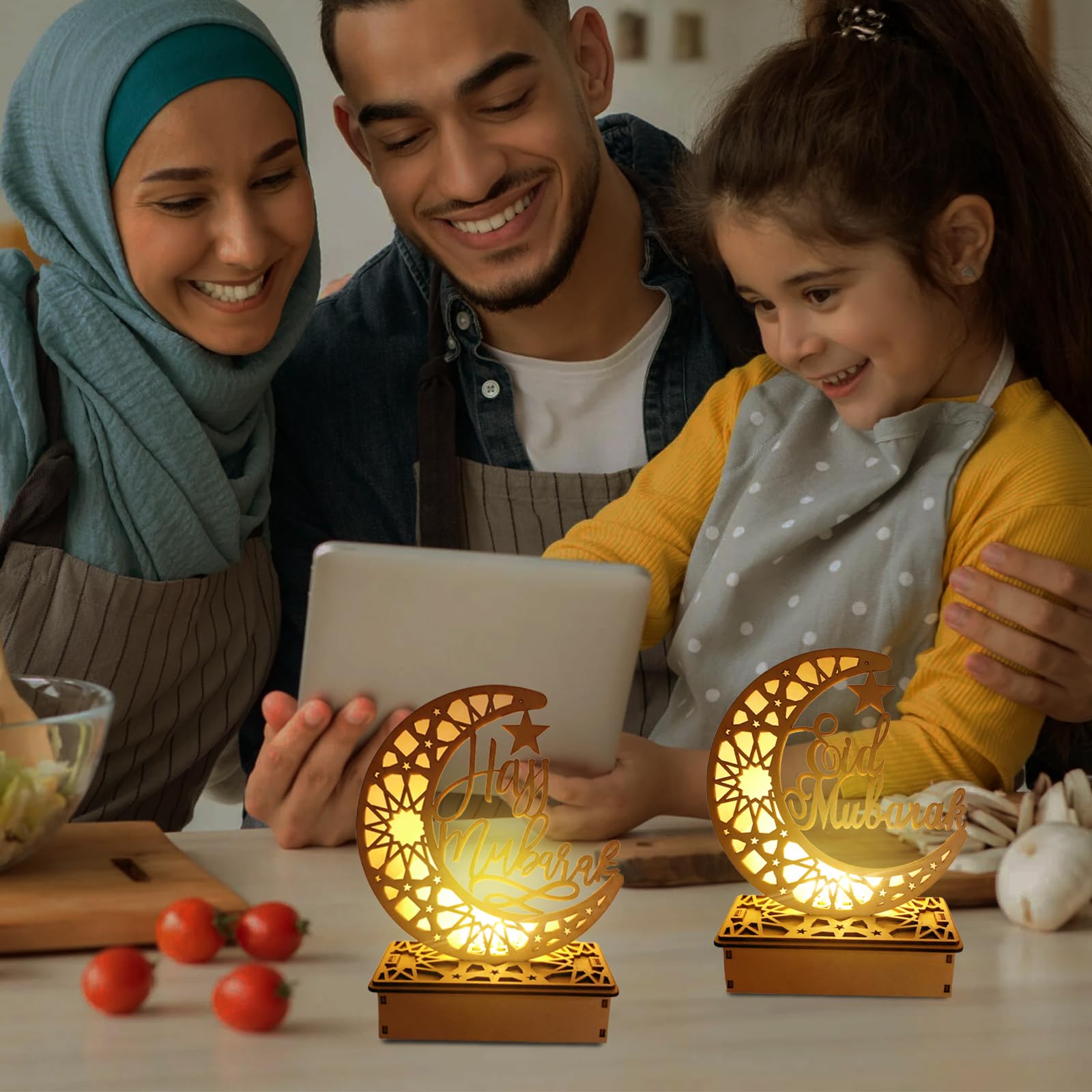 Leonshco Aïd Mubarak - Lampada decorativa del Ramadan, 2 pezzi Ramadan LED Lamp, decorazione da tavolo in legno, lampada lunare, mulim Ramadan luce notturna per Eid Mubarak Regali Feste Deco (B