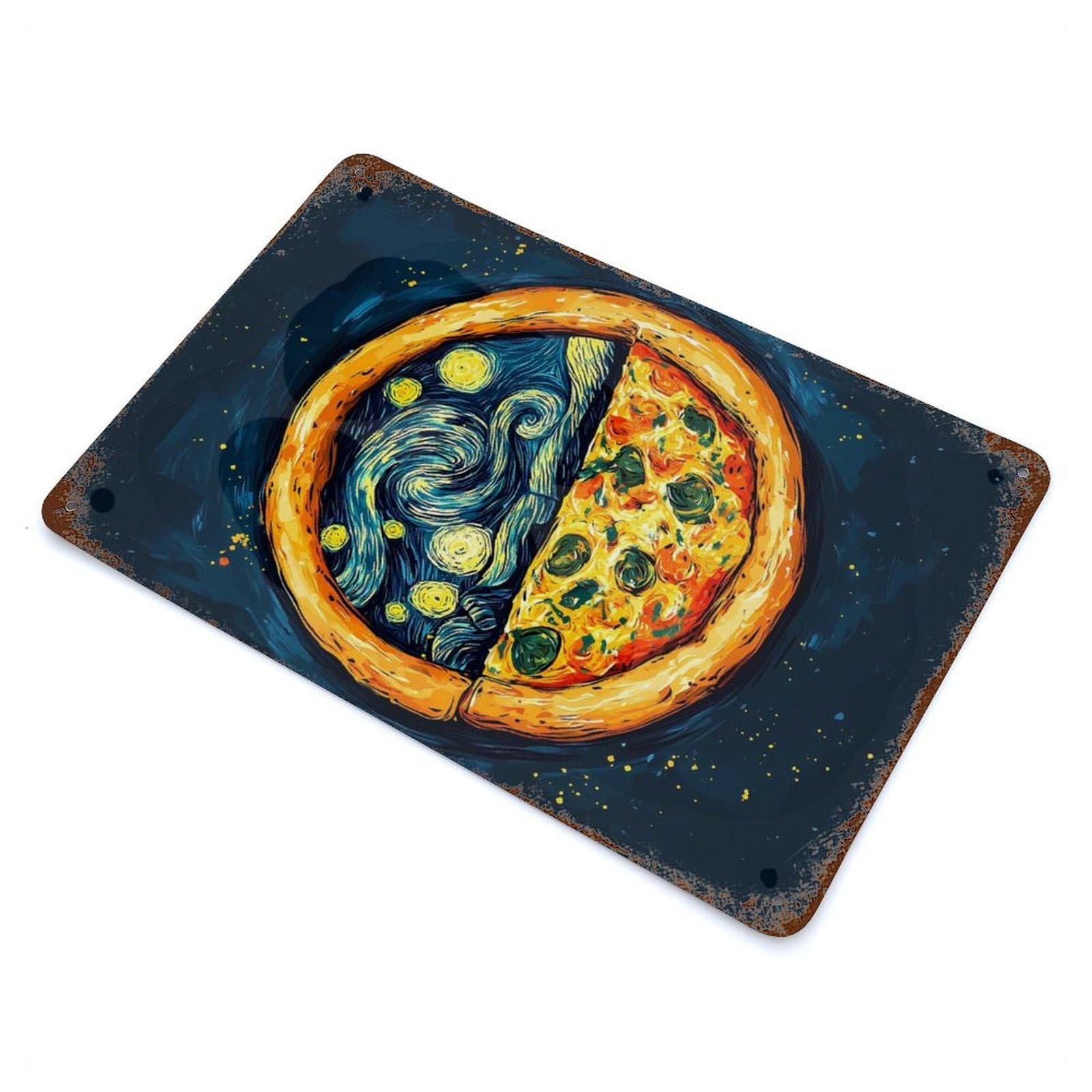 Rust Effect Pizza Starry Night Art Vintage Rust Metal Sign 11.8"x7.9", Rustic Home Decor for Farmhouse, Kitchen And Entryway Decor