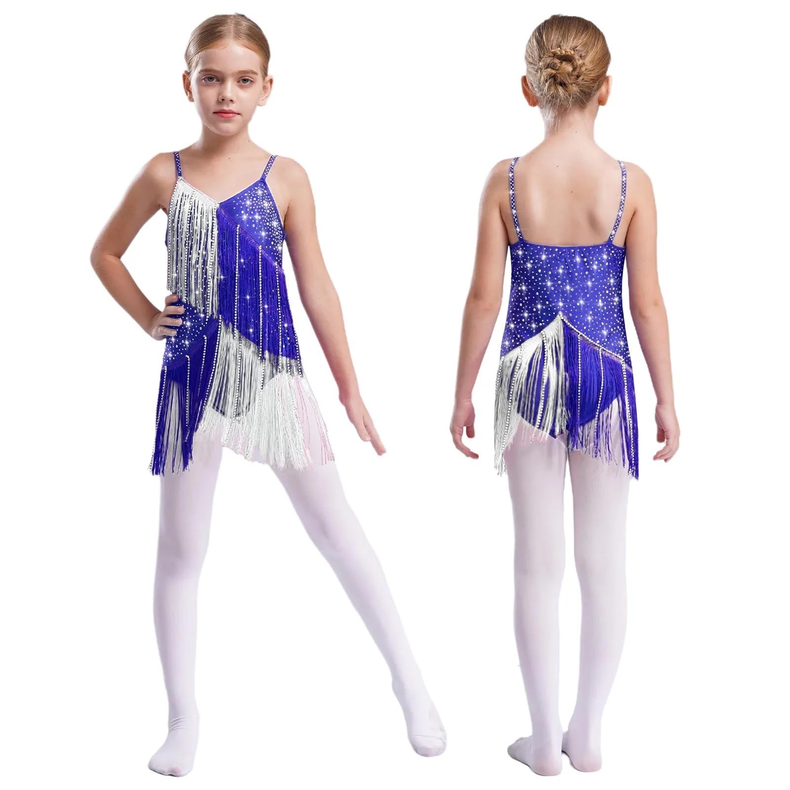 Leotardos de Samba y Salsa con borlas for niñas, Ropa de Baile de Jazz y Tango, con Brillantes Diamantes de imitación y Vestidos de Patinaje artístico.(Blue,16)