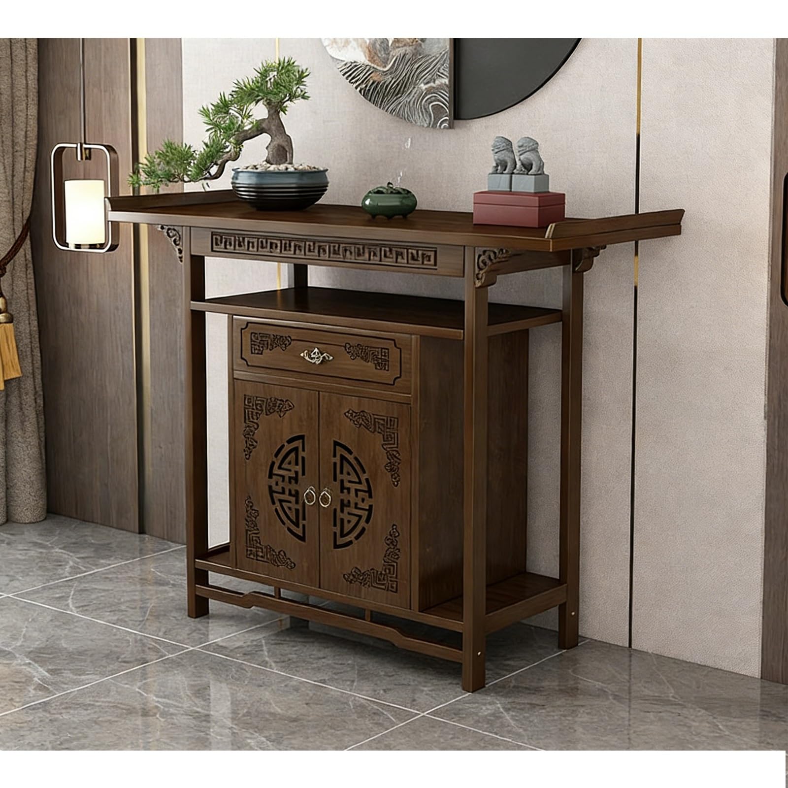 Gabinete de nicho para Buda en bambú: mueble zen con almacenamiento inferior