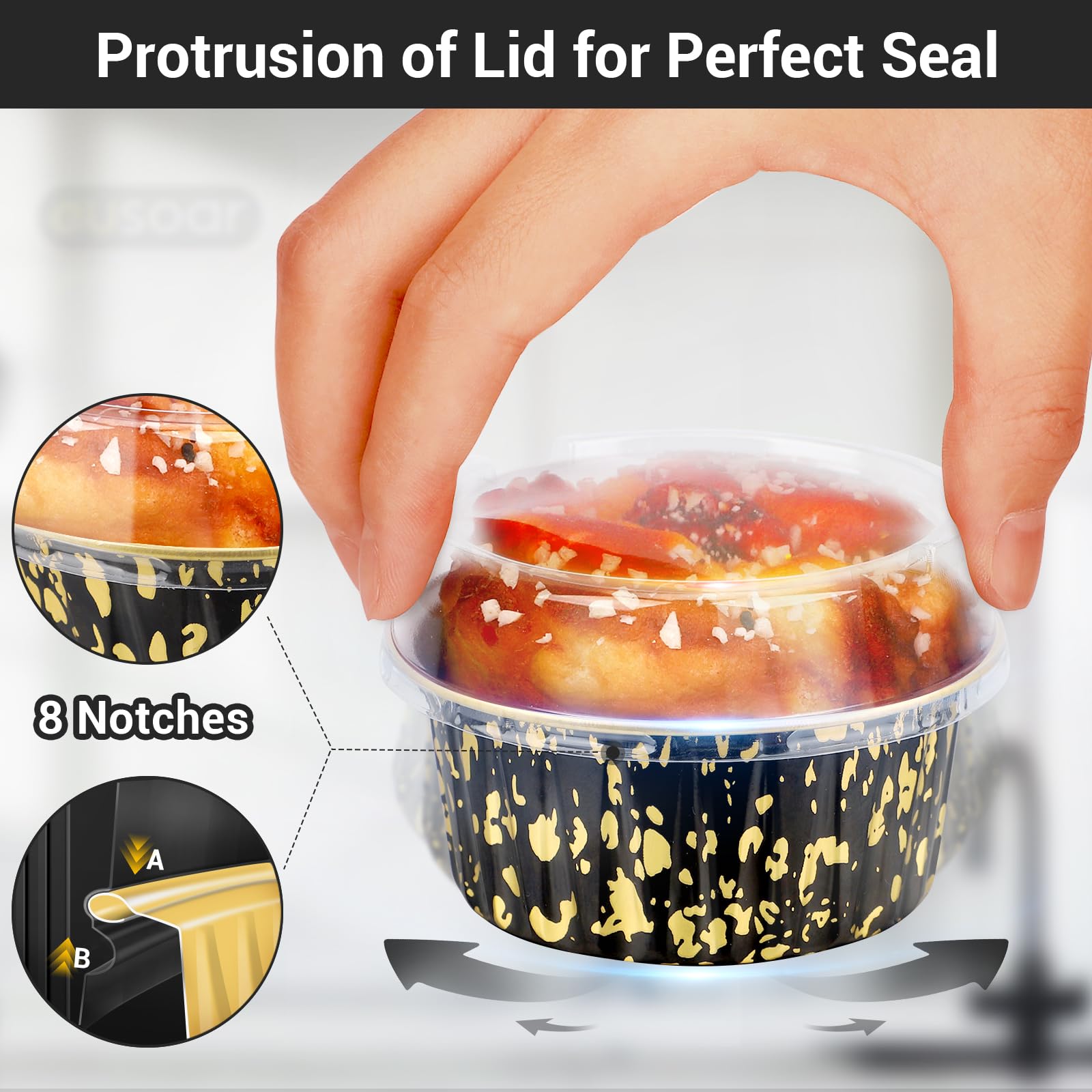 EUSOAR Mini moldes para tartas con tapas, 100 ramequines desechables de 5 onzas con tapas, recipientes de postre, moldes de papel de aluminio para hornear magdalenas para fiestas, porción individual,
